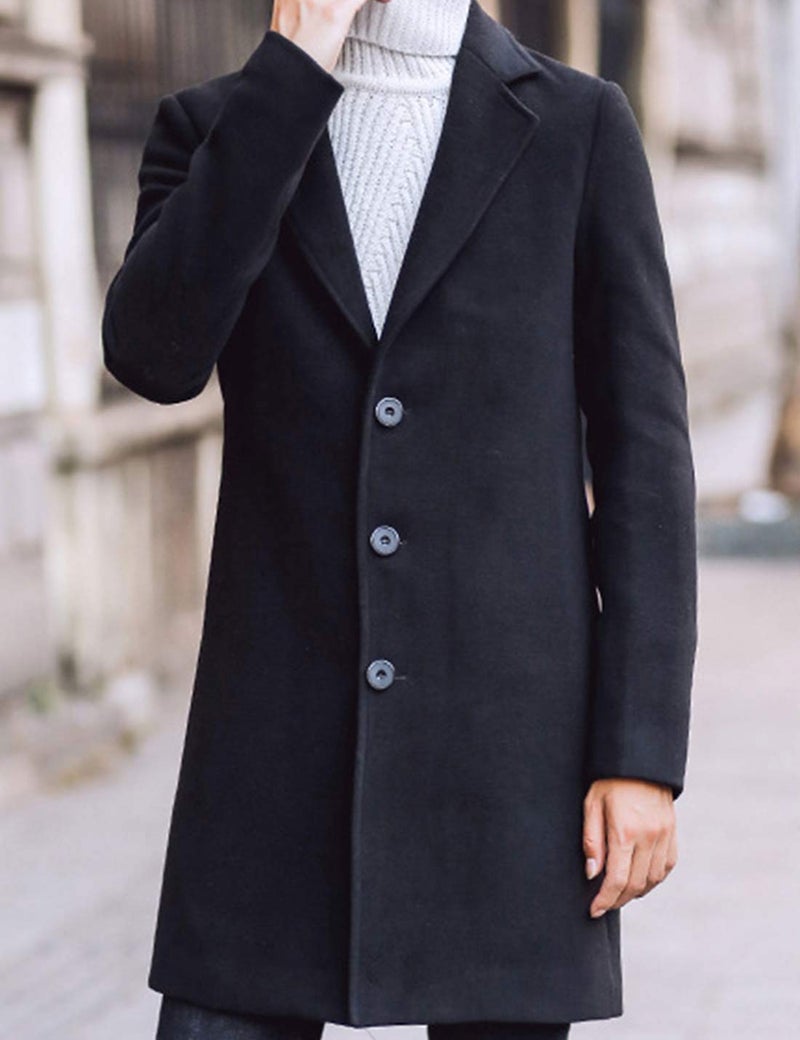 Tanming Mens Black Trench Coat Notched Lapel Single Breasted Long Peacoat Overcoat (Black-XL) - Image 3